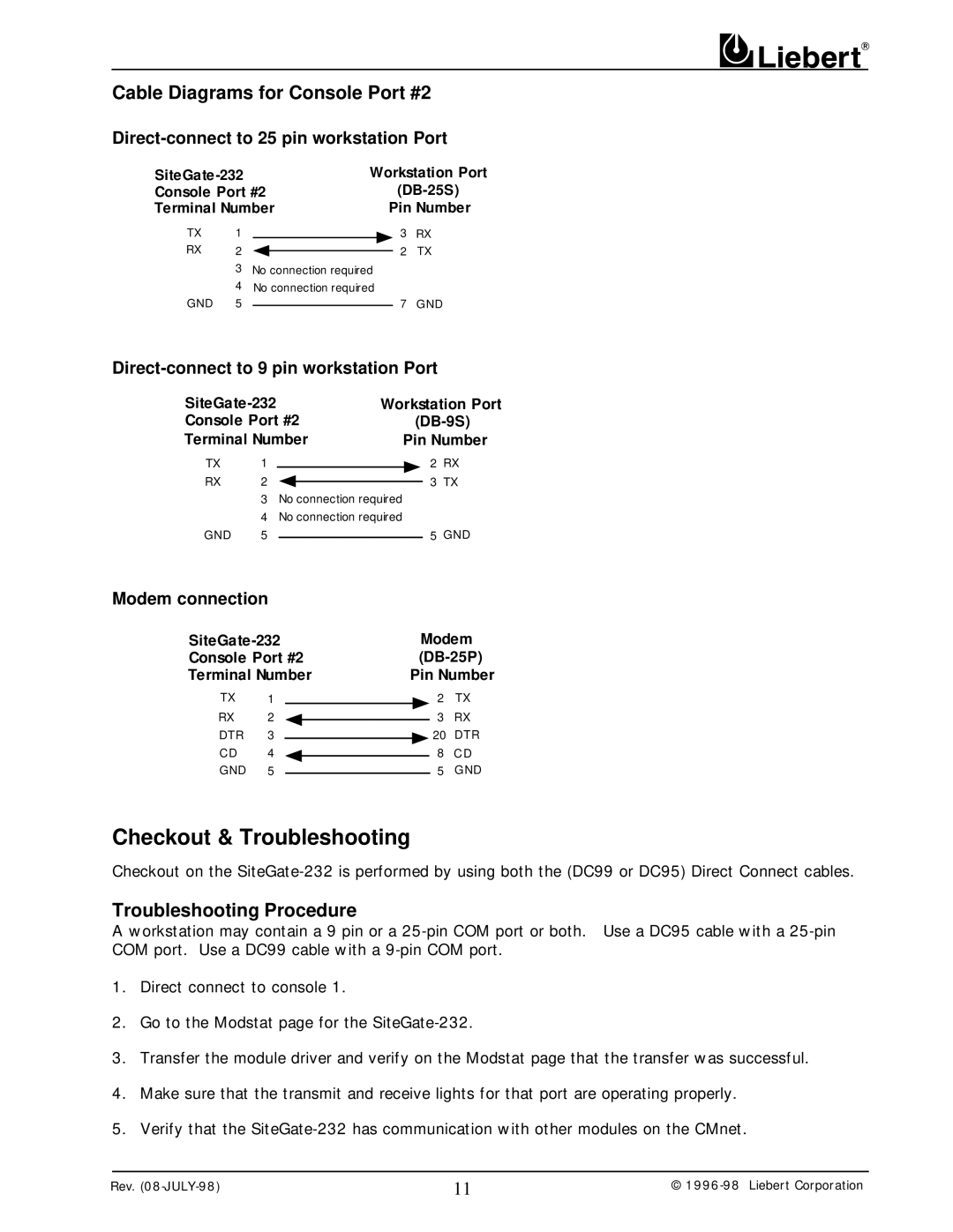 Liebert 232 user manual Checkout & Troubleshooting, Cable Diagrams for Console Port #2, Troubleshooting Procedure 