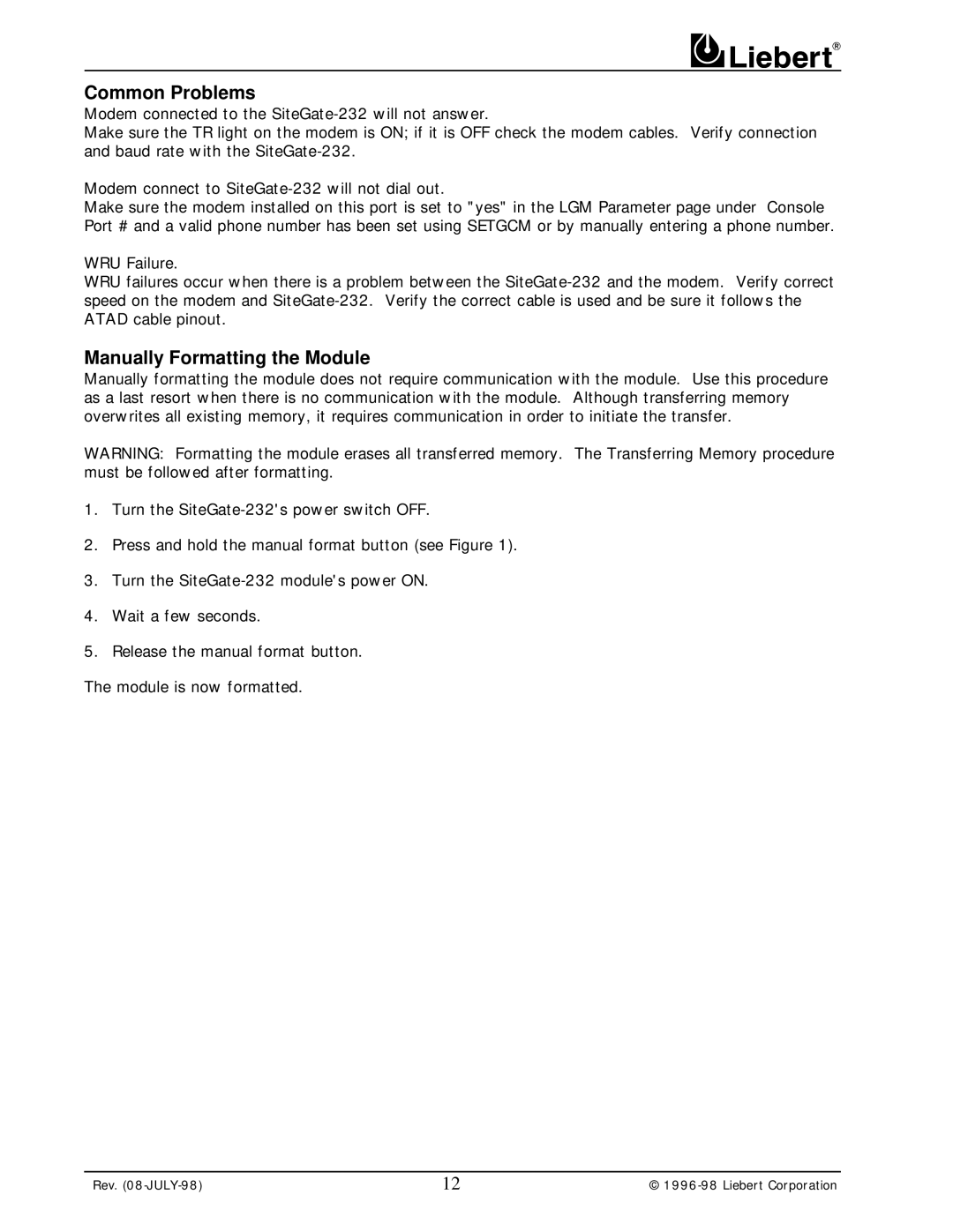 Liebert 232 user manual Common Problems, Manually Formatting the Module 