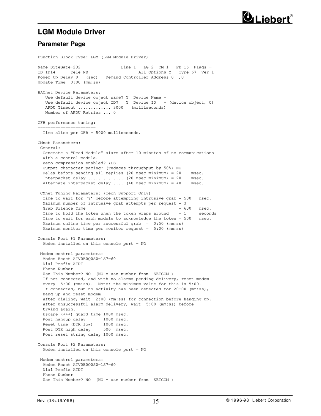 Liebert 232 user manual LGM Module Driver, Parameter 