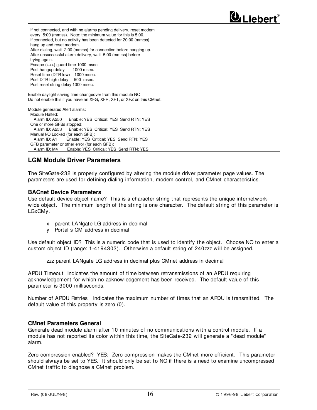 Liebert 232 user manual LGM Module Driver Parameters, BACnet Device Parameters, CMnet Parameters General 