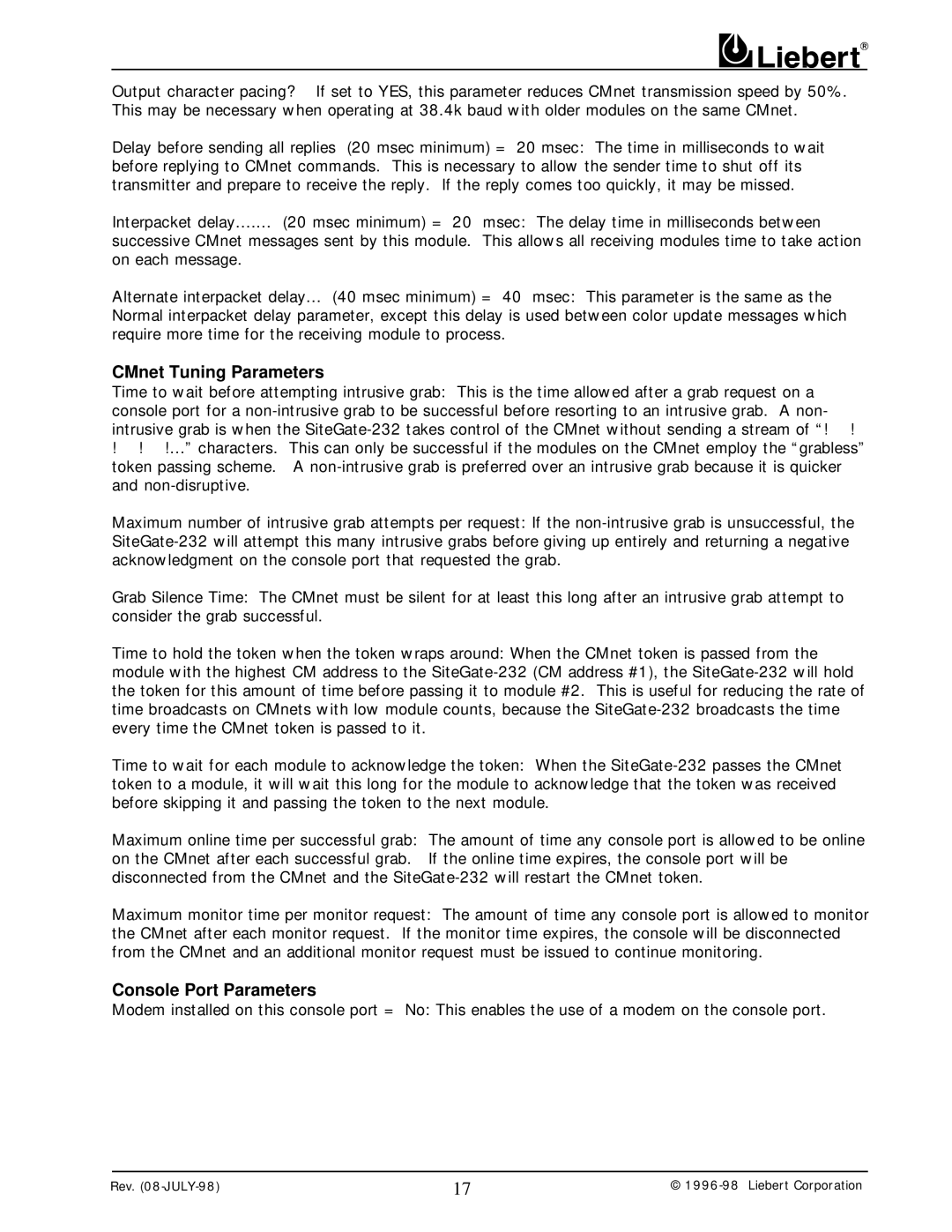 Liebert 232 user manual CMnet Tuning Parameters, Console Port Parameters 