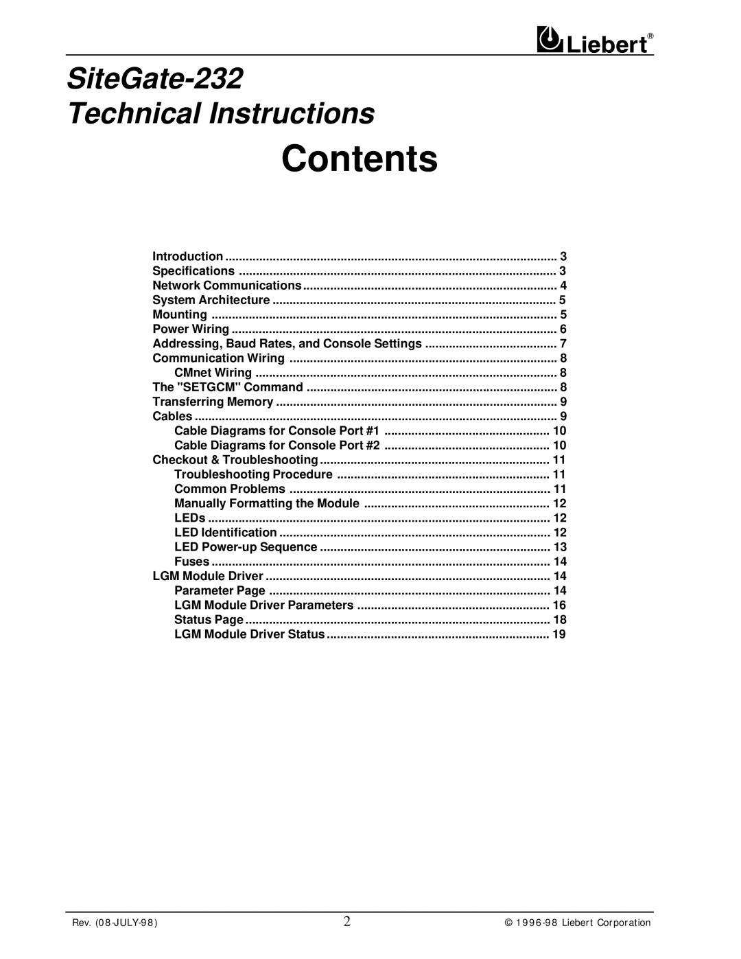 Liebert 232 user manual Contents 