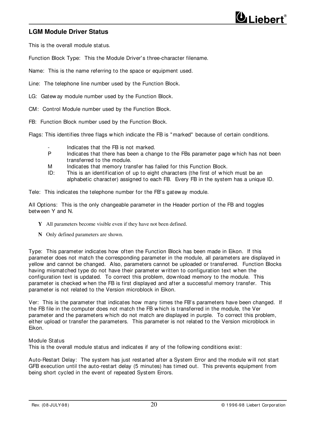 Liebert 232 user manual LGM Module Driver Status 