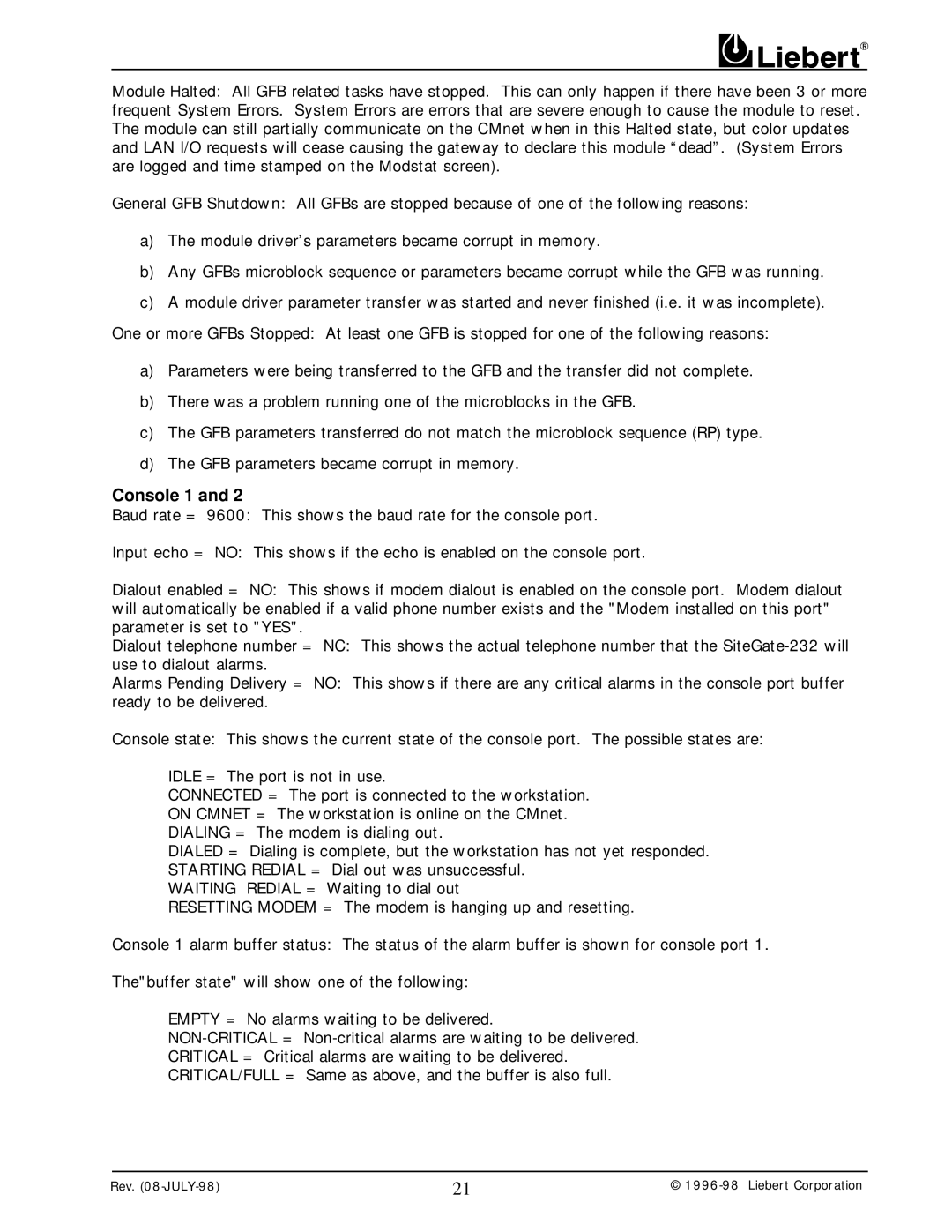 Liebert 232 user manual Console 1 