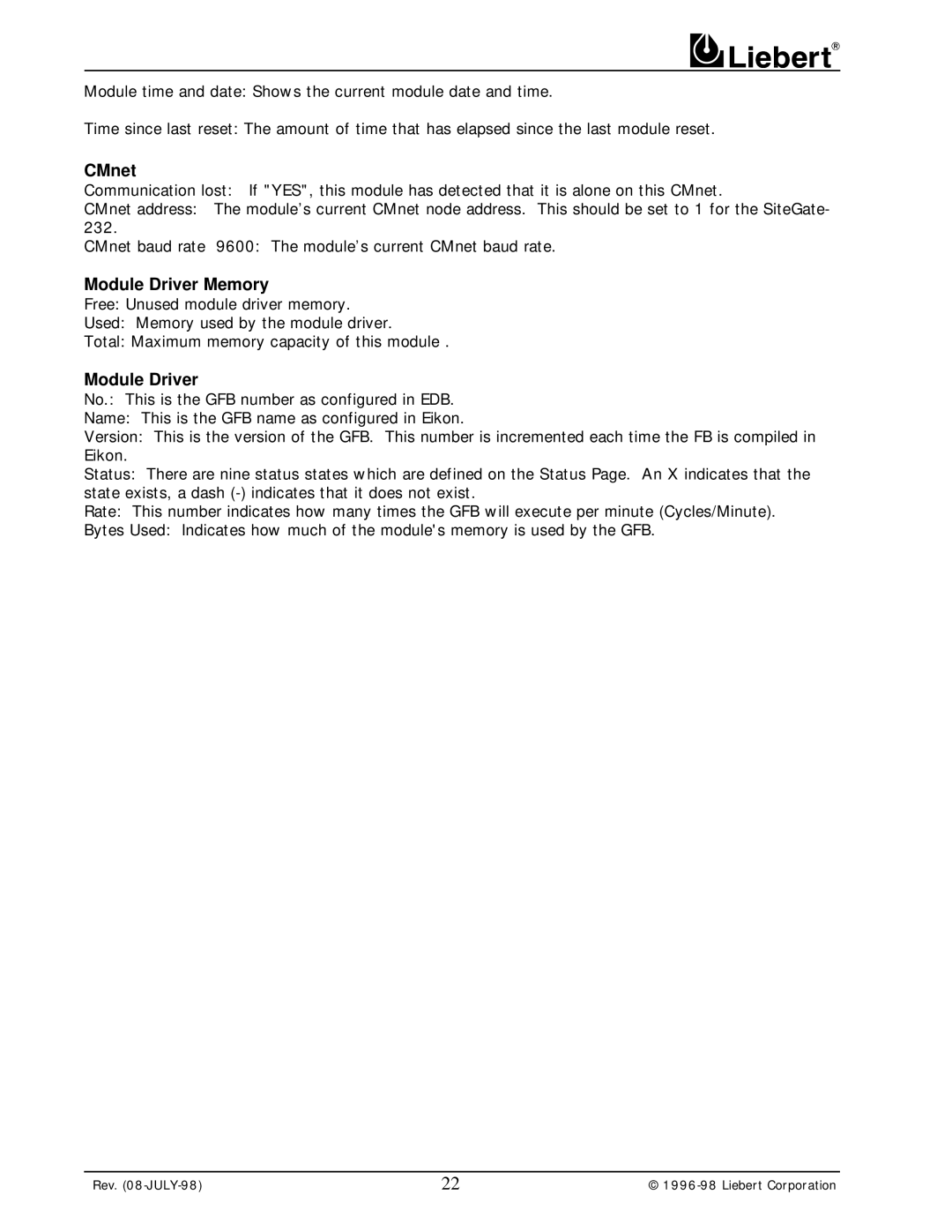 Liebert 232 user manual CMnet, Module Driver Memory 