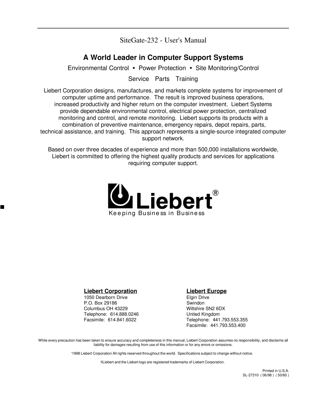 Liebert 232 user manual World Leader in Computer Support Systems 