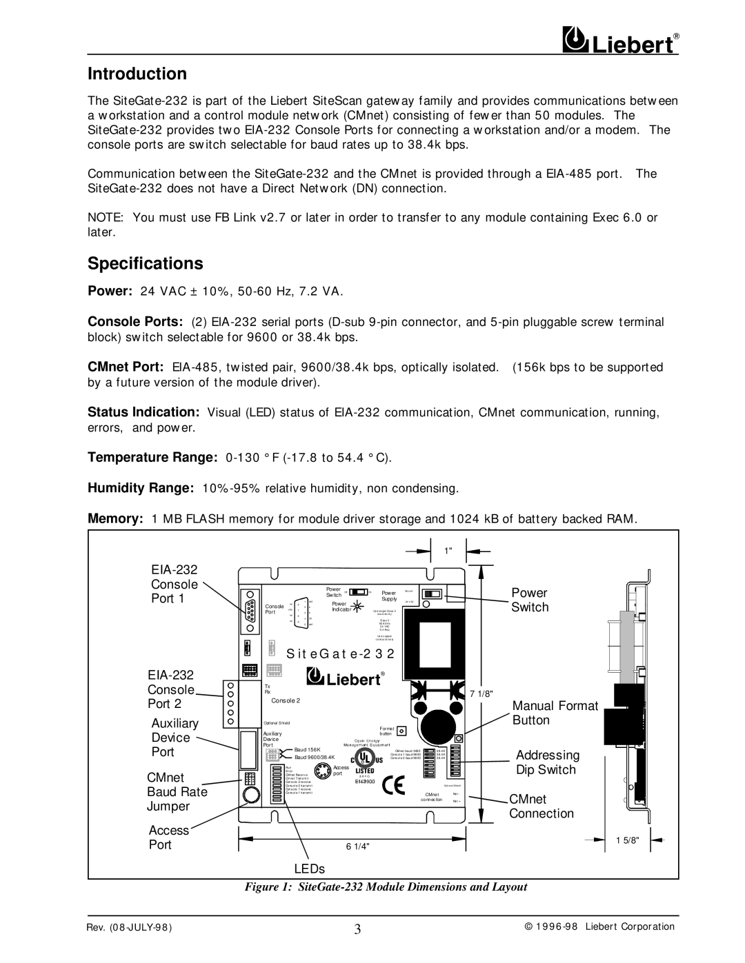 Liebert 232 user manual Introduction, Specifications 