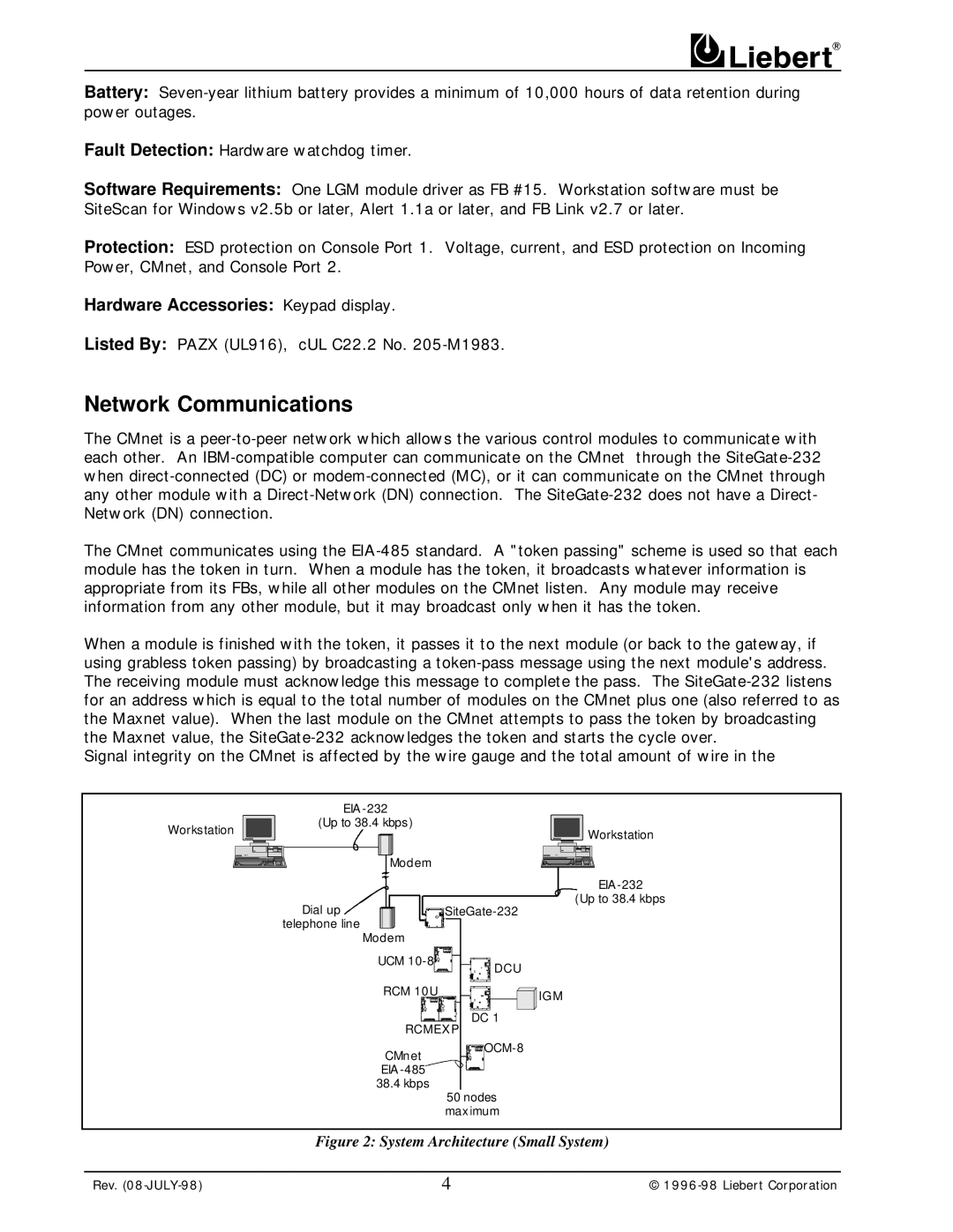 Liebert 232 user manual Network Communications, Hardware Accessories Keypad display 