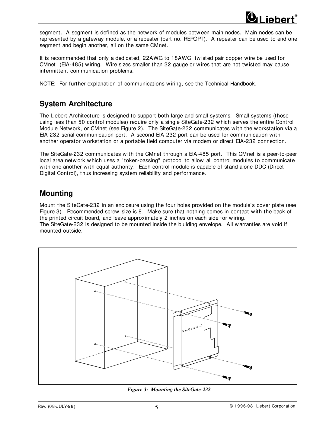 Liebert 232 user manual System Architecture, Mounting 