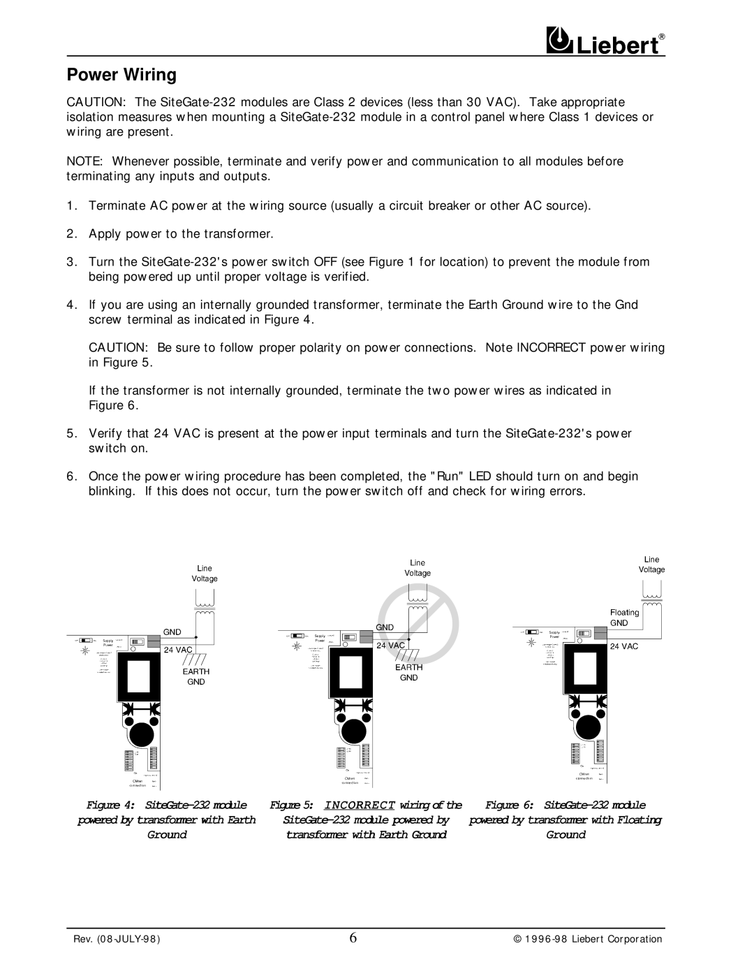 Liebert user manual Power Wiring, SiteGate-232 module 