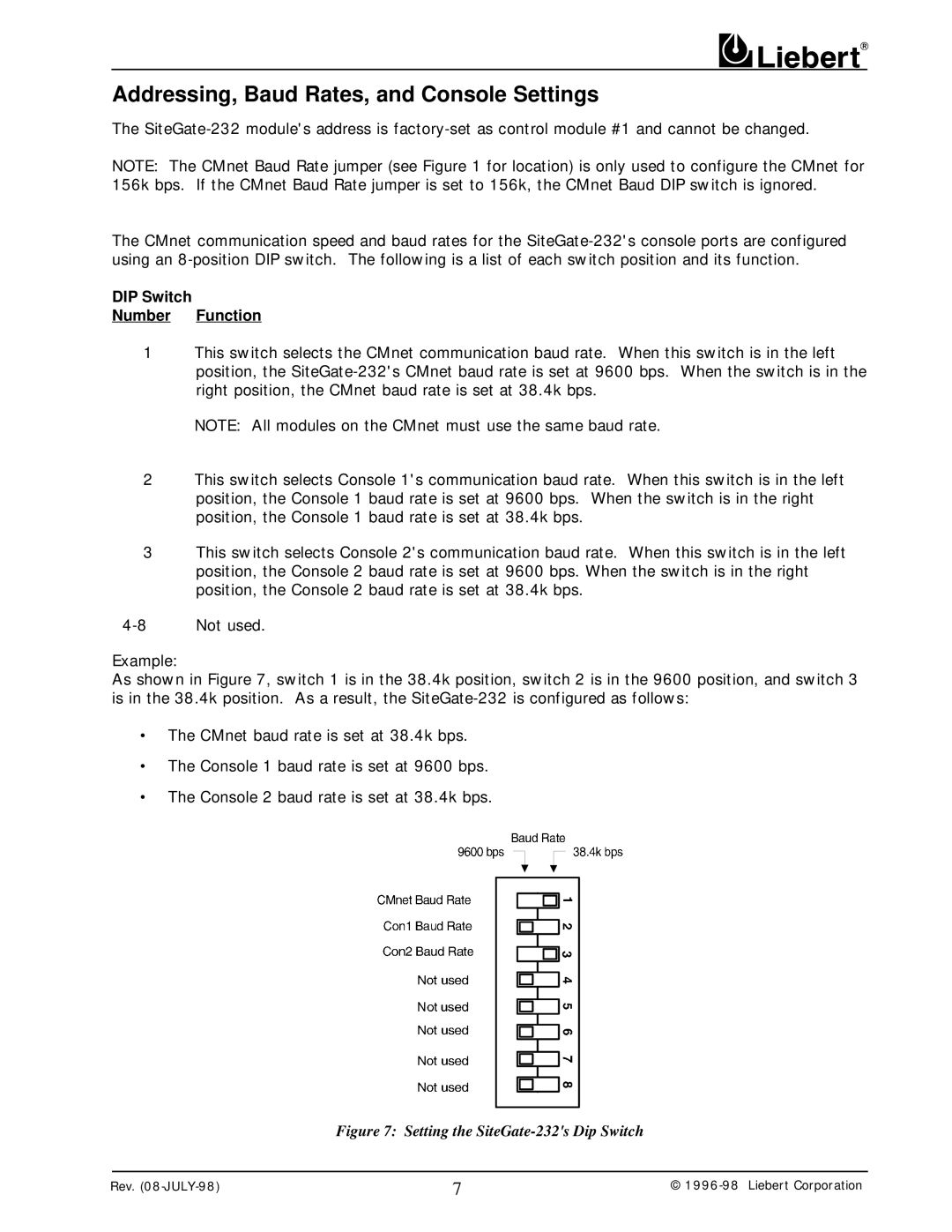 Liebert 232 user manual Addressing, Baud Rates, and Console Settings, DIP Switch Number Function 