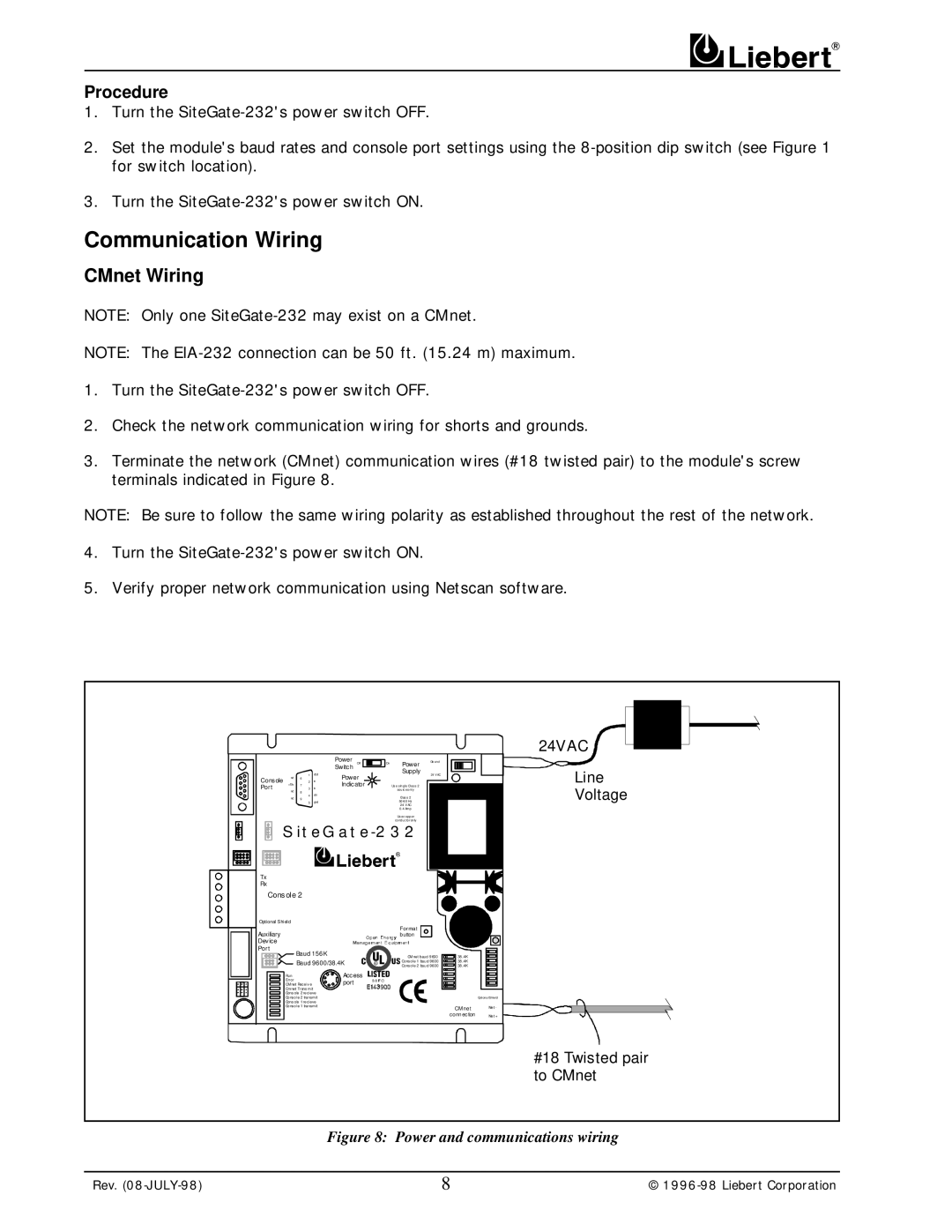 Liebert 232 user manual Communication Wiring, CMnet Wiring, Procedure 