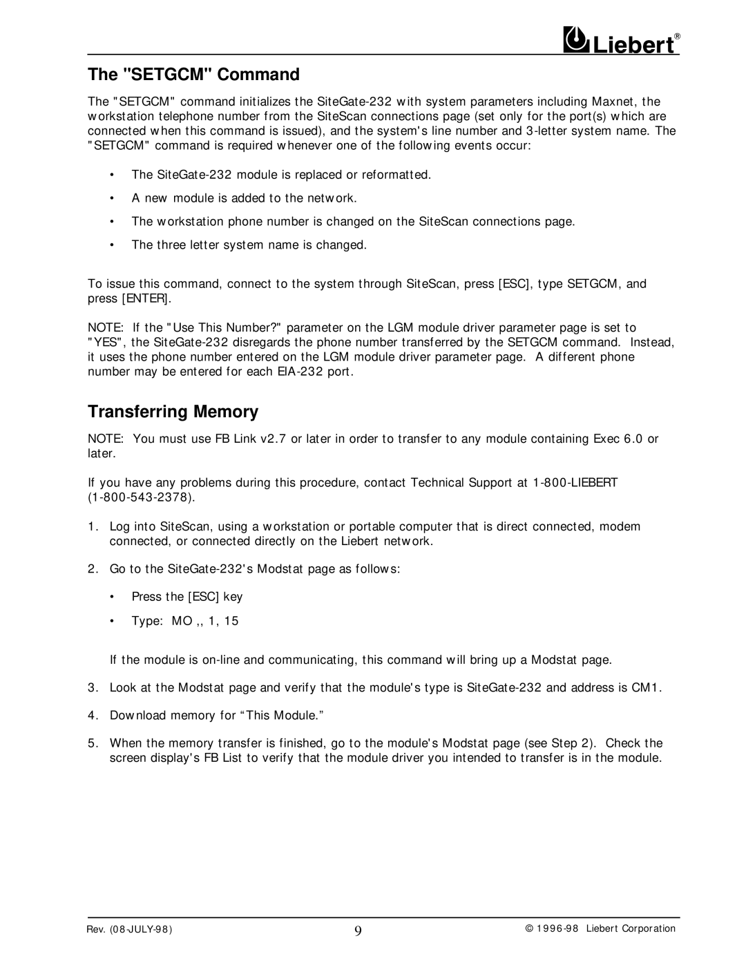 Liebert 232 user manual Setgcm Command, Transferring Memory 