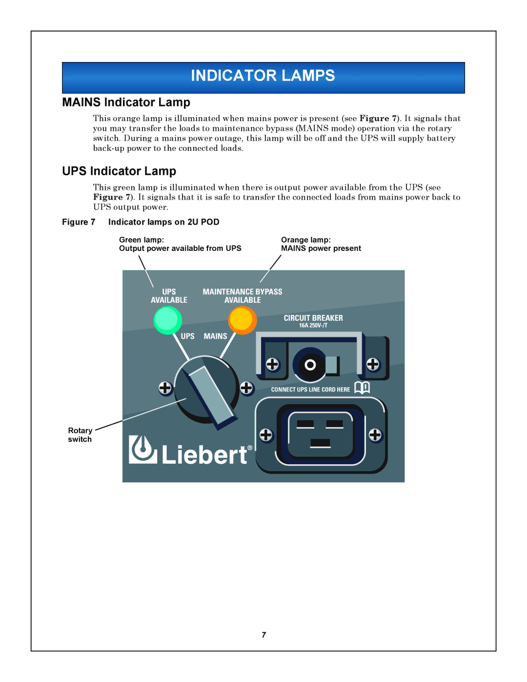 Liebert 2U user manual Indicator Lamps, Mains Indicator Lamp 