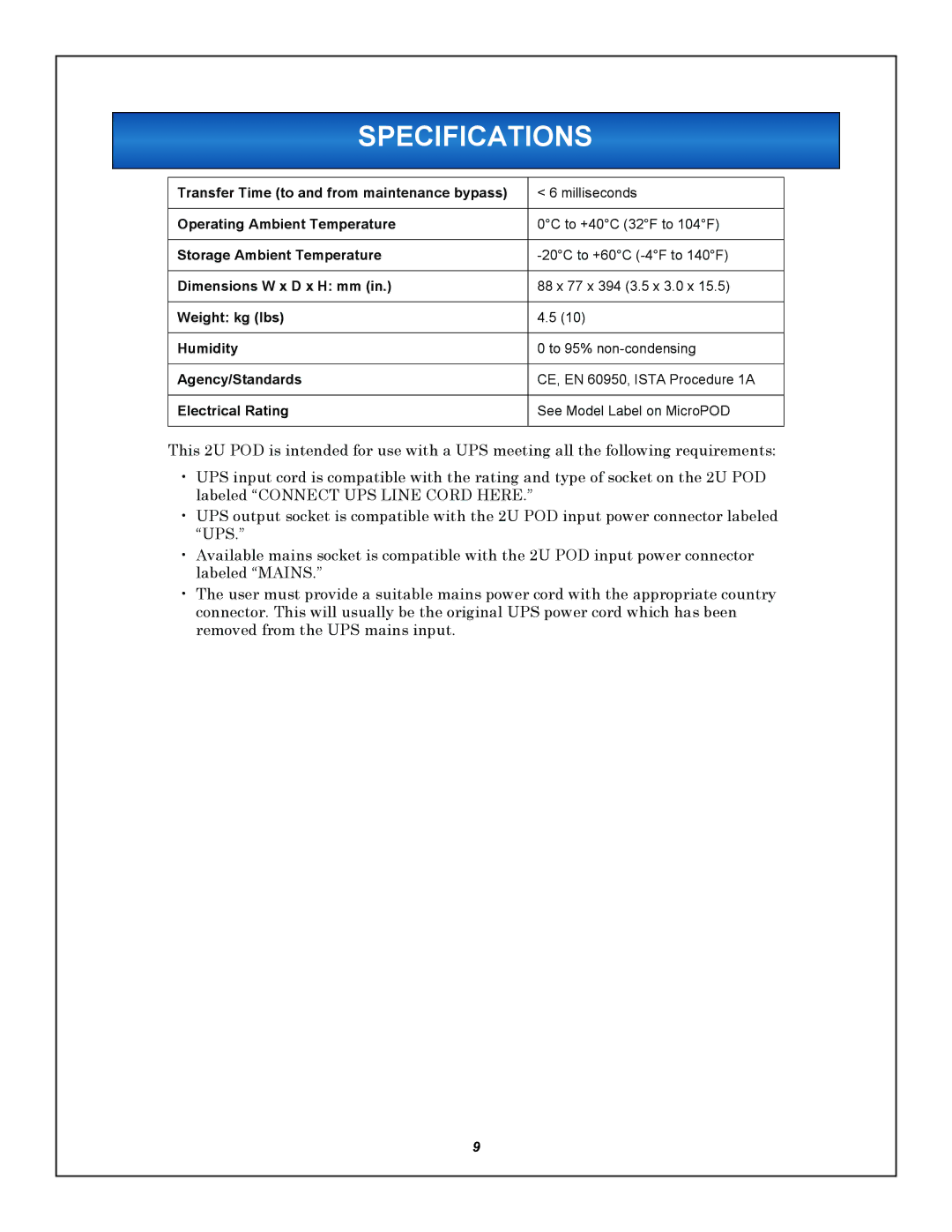 Liebert 2U user manual Specifications 