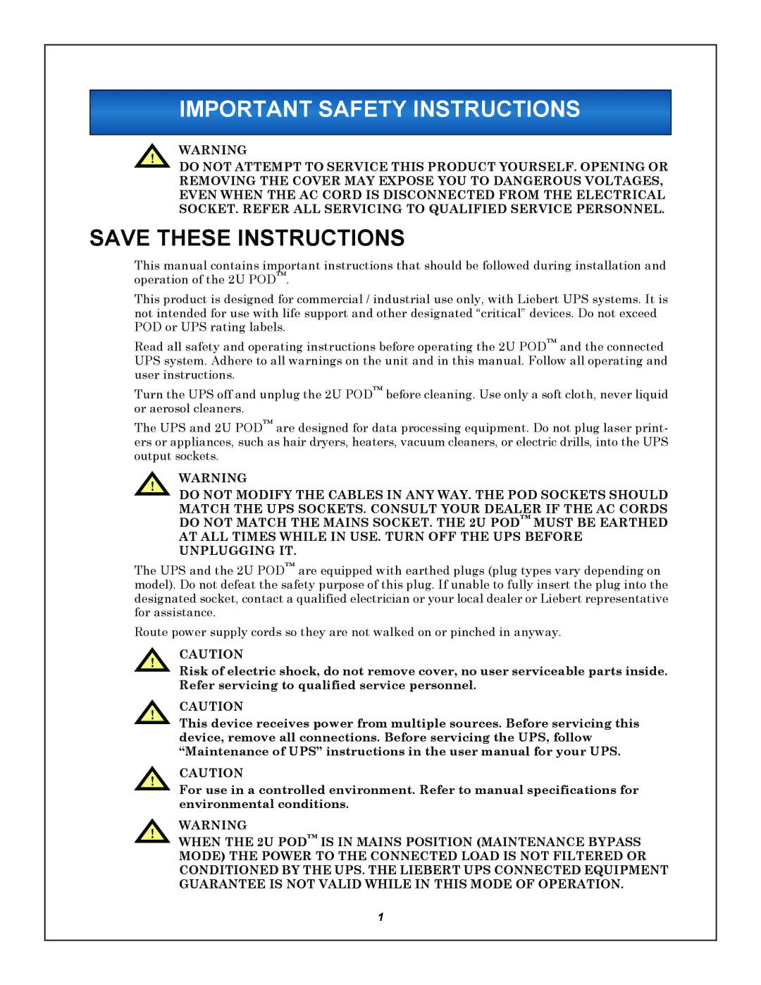 Liebert 2U user manual Important Safety Instructions 