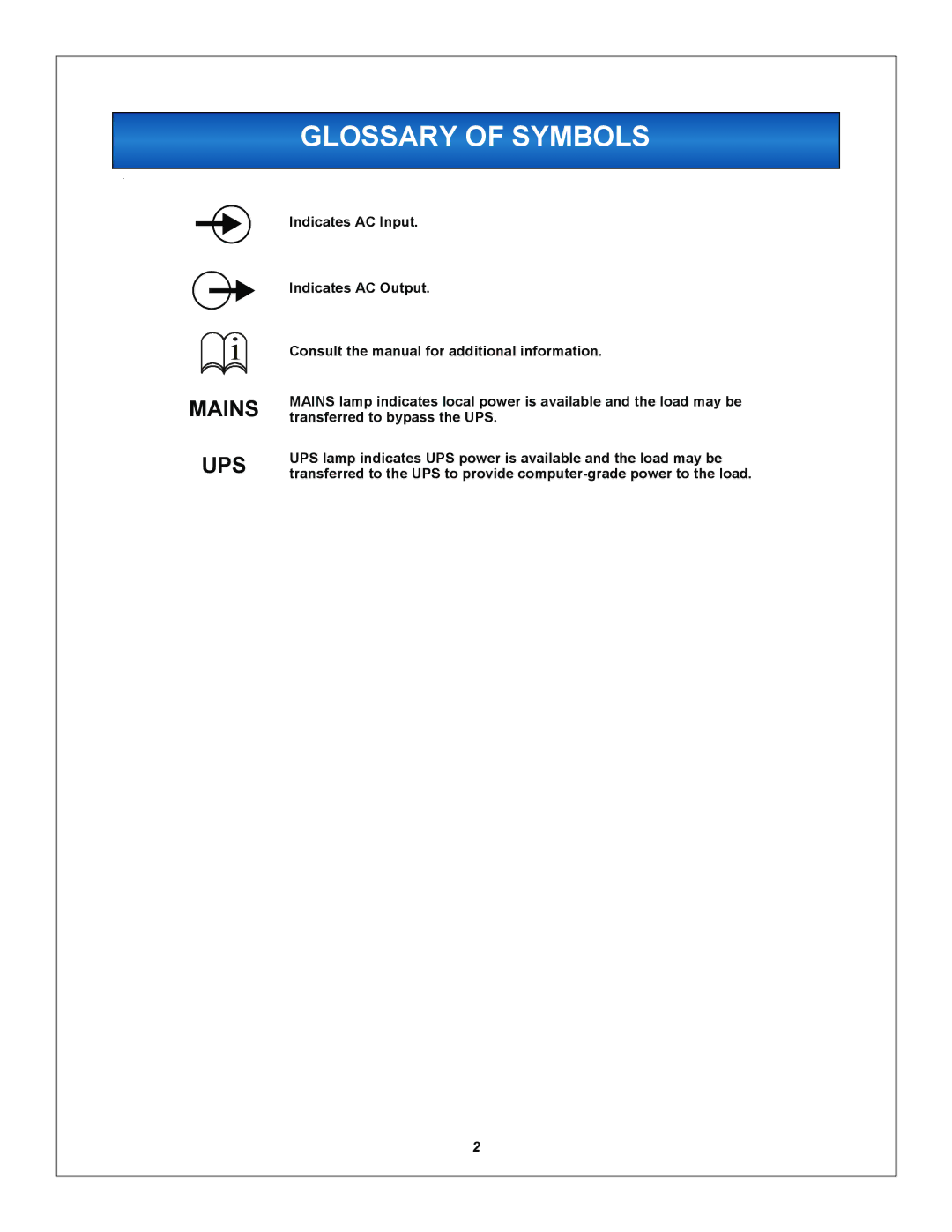 Liebert 2U user manual Glossary of Symbols, Mains UPS 