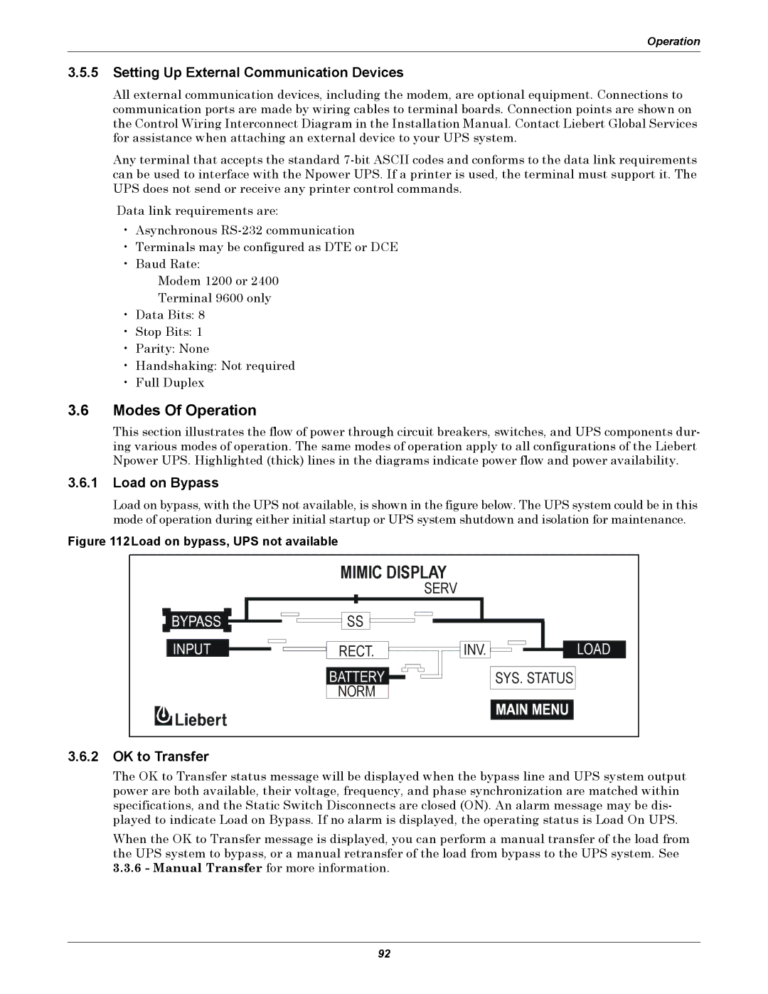 Liebert 30-130kVA manual Setting Up External Communication Devices, Load on Bypass, OK to Transfer 