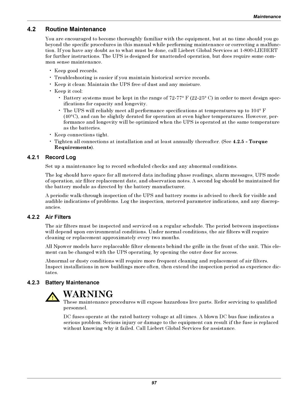 Liebert 30-130kVA manual Routine Maintenance, Record Log, Air Filters, Battery Maintenance 