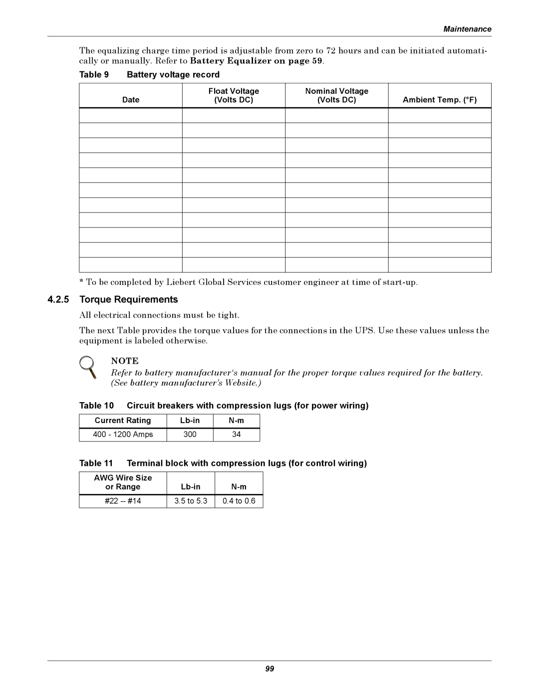 Liebert 30-130kVA manual Torque Requirements, Battery voltage record 