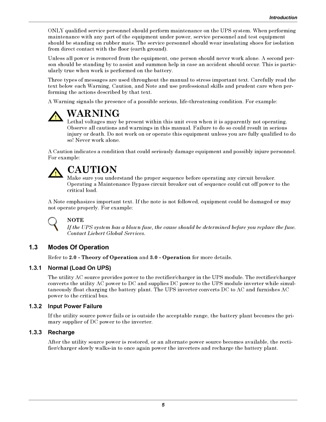 Liebert 30-130kVA manual Modes Of Operation, Normal Load On UPS, Input Power Failure, Recharge 