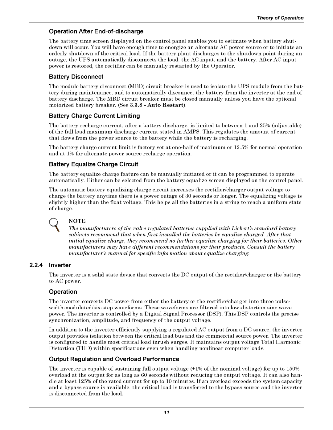 Liebert 30-130kVA manual Operation After End-of-discharge, Battery Disconnect, Battery Charge Current Limiting, Inverter 