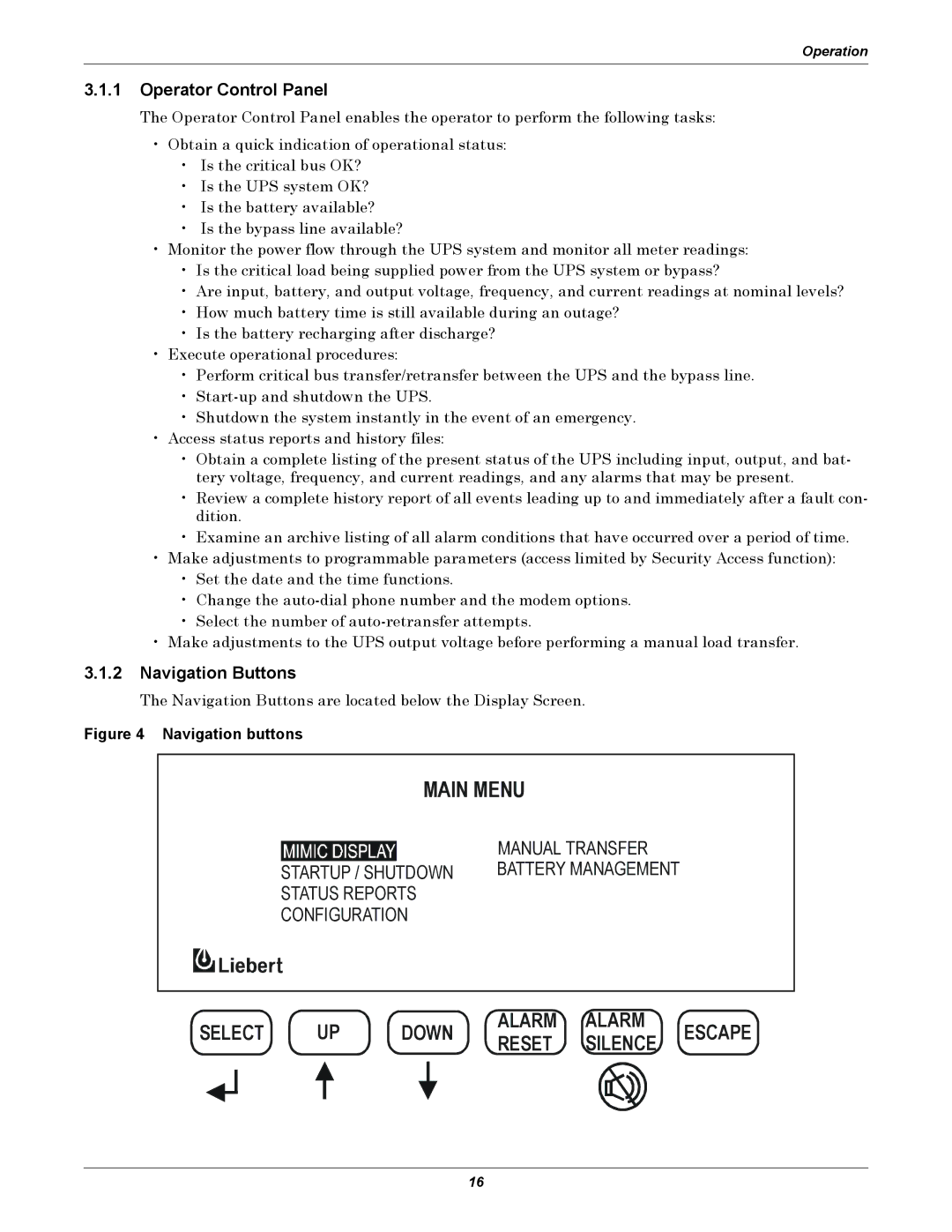 Liebert 30-130kVA manual Operator Control Panel, Navigation Buttons 