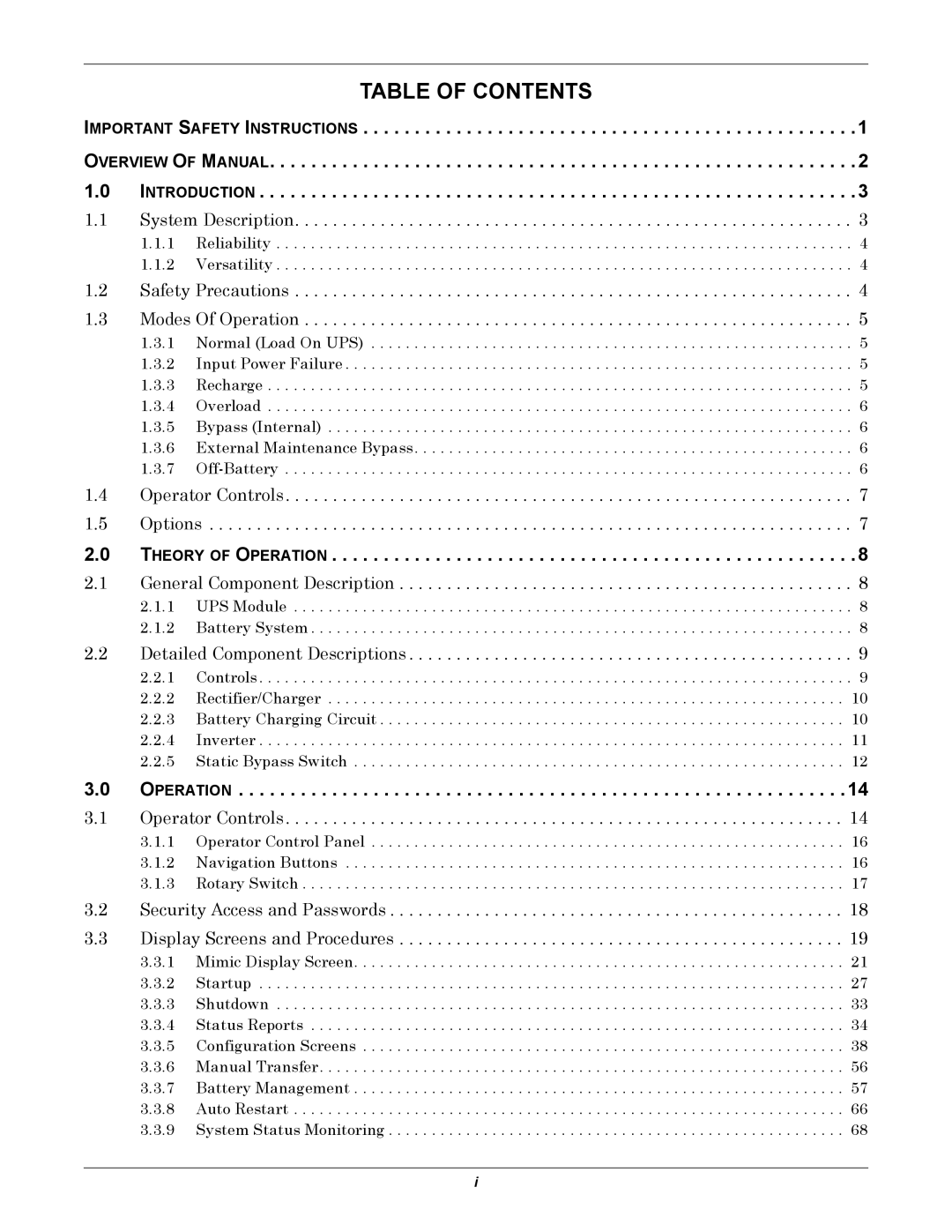 Liebert 30-130kVA manual Table of Contents 