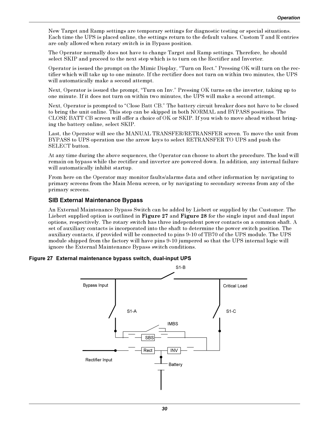 Liebert 30-130kVA manual SIB External Maintenance Bypass, External maintenance bypass switch, dual-input UPS 