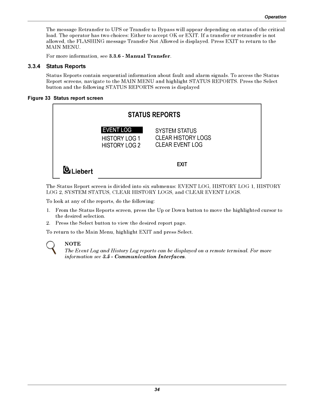 Liebert 30-130kVA manual Status Reports, System Status, History LOG Clear History Logs Clear Event LOG 