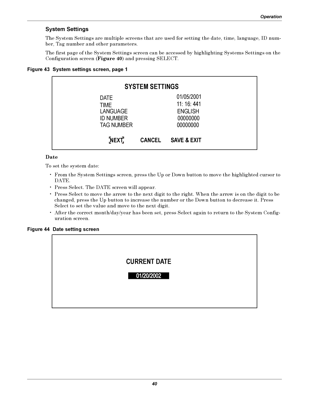 Liebert 30-130kVA manual System Settings, Current Date, Date Time Language ID Number TAG Number, Cancel Save & Exit 