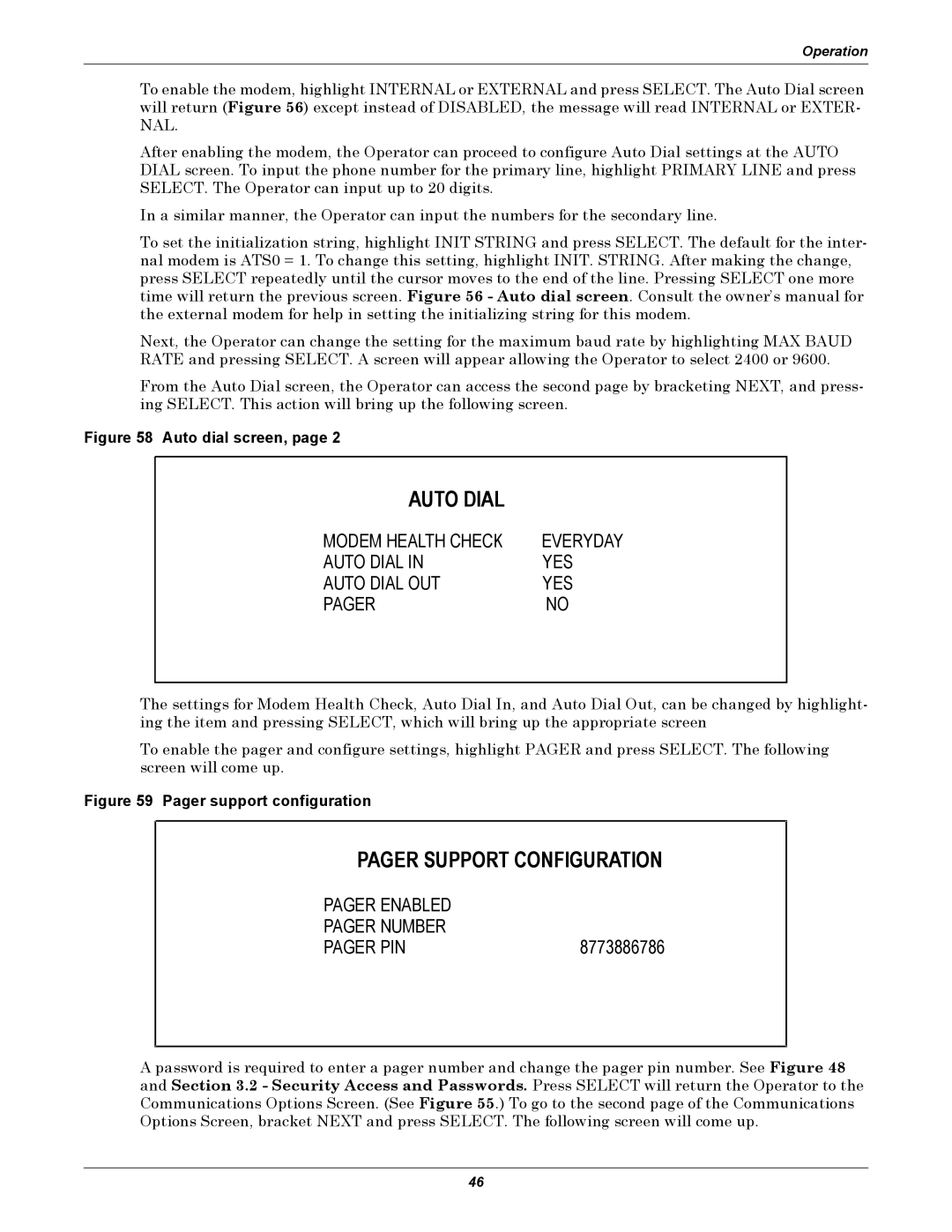 Liebert 30-130kVA manual Pager Support Configuration, Modem Health Check, Auto Dial YES Auto Dial OUT Pager 