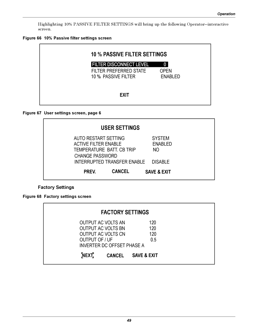 Liebert 30-130kVA manual 10 % Passive Filter Settings, Factory Settings, Next Cancel 