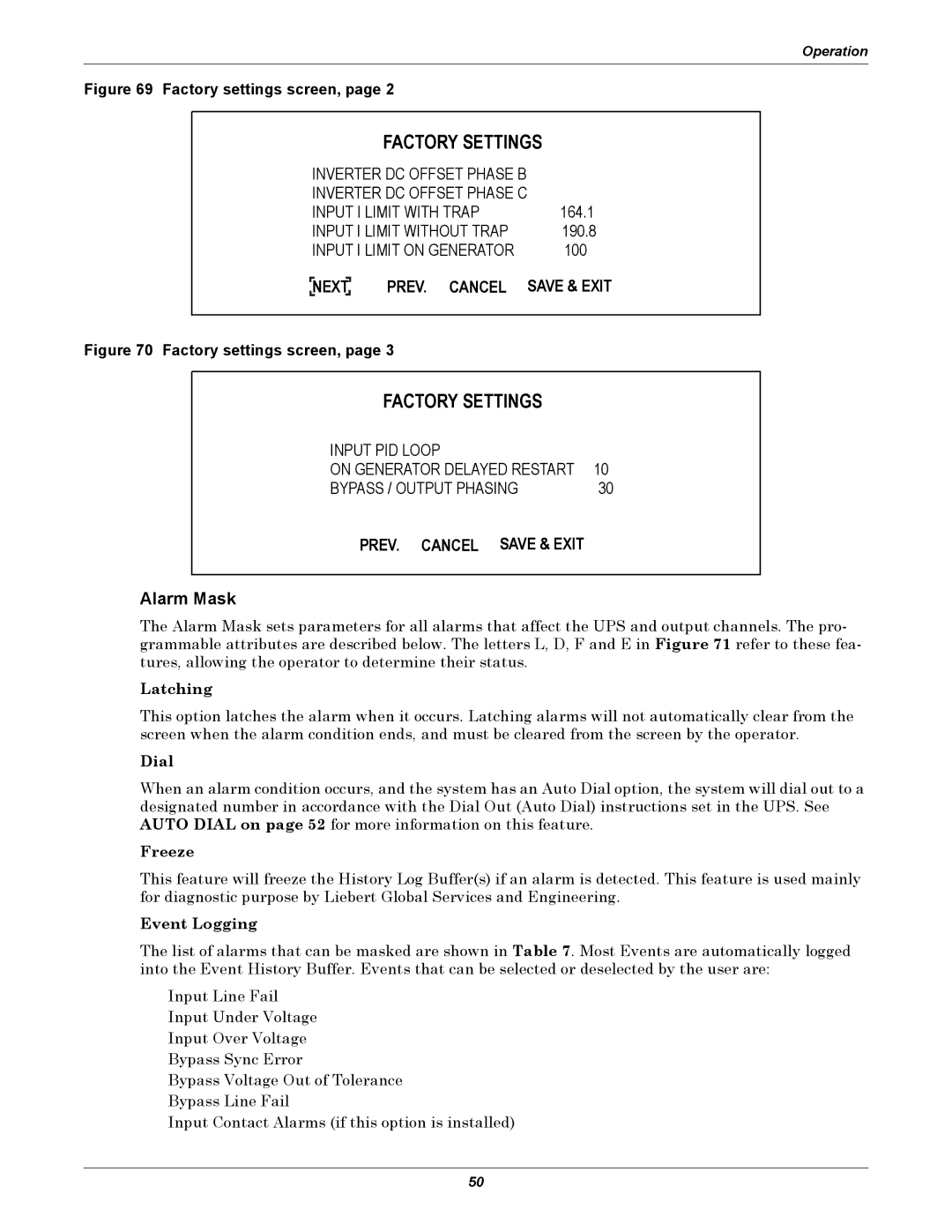 Liebert 30-130kVA manual Alarm Mask, Latching, Dial, Freeze, Event Logging 