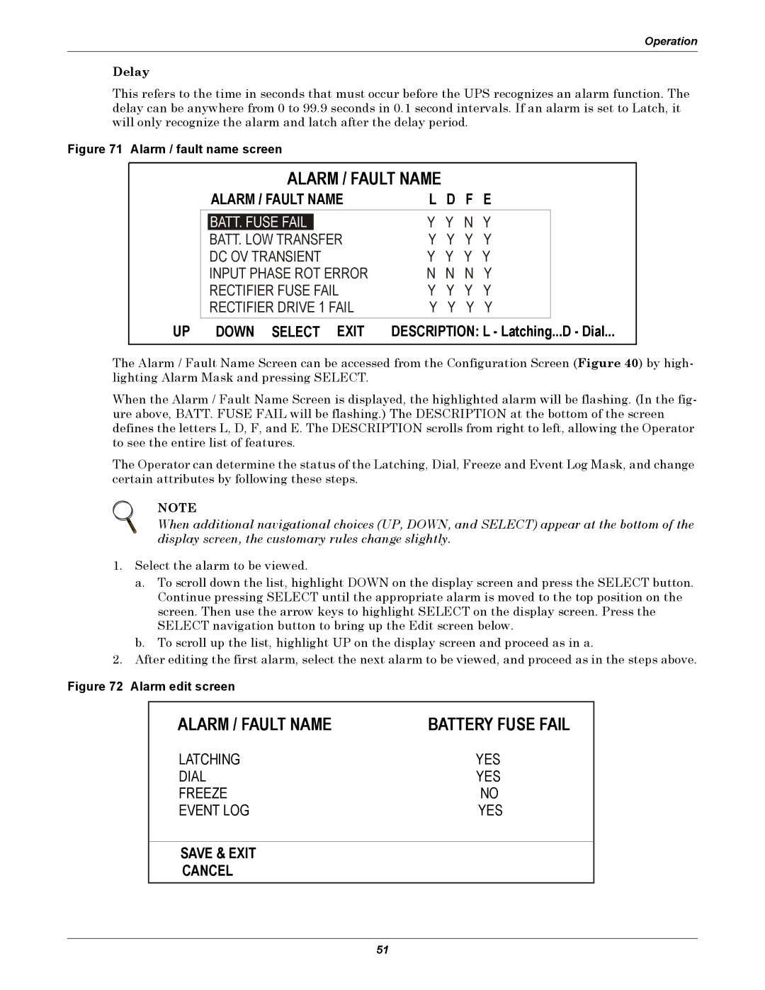 Liebert 30-130kVA manual Alarm / Fault Name Battery Fuse Fail, Alarm / Fault Name F E, UP Down Select Exit 