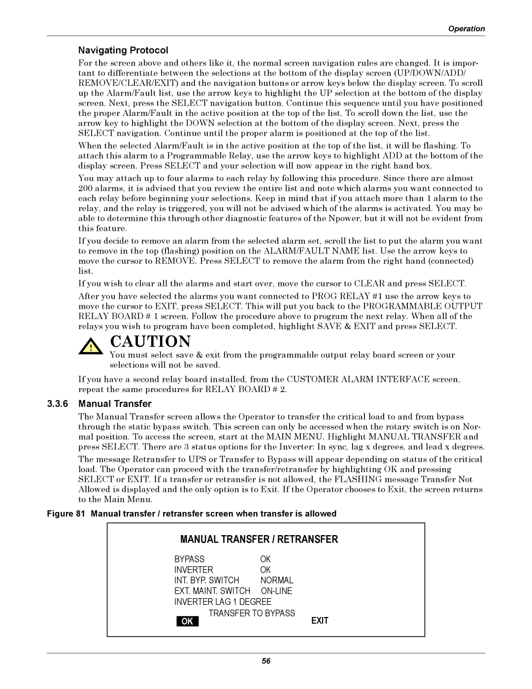 Liebert 30-130kVA manual Navigating Protocol, Manual Transfer 