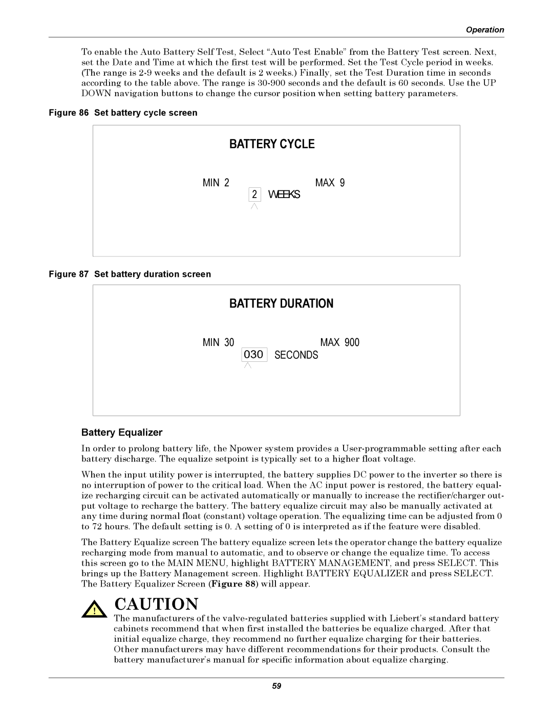 Liebert 30-130kVA manual Battery Cycle, Battery Duration, MIN MAX Weeks, Seconds, Battery Equalizer 