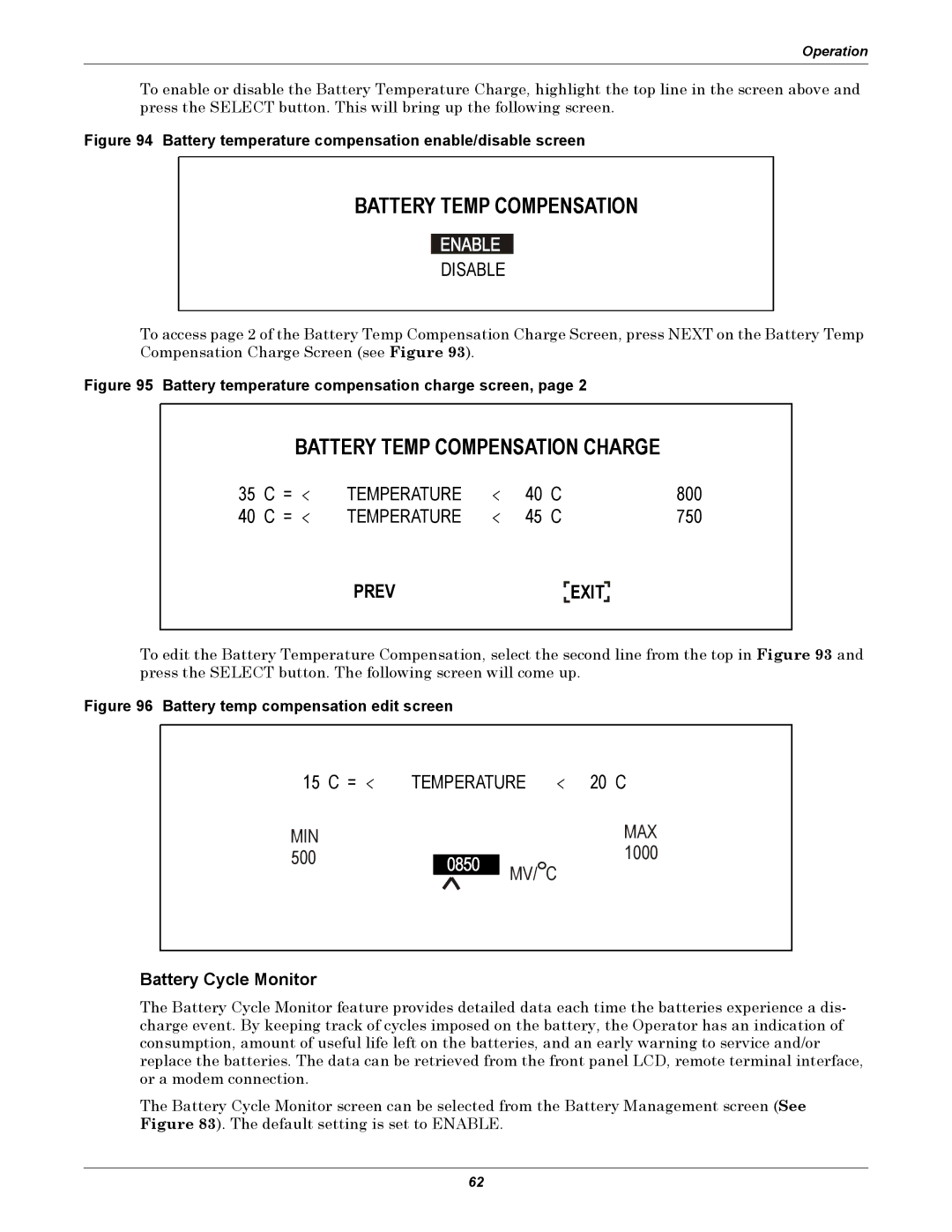 Liebert 30-130kVA manual Battery Temp Compensation, Battery Cycle Monitor 