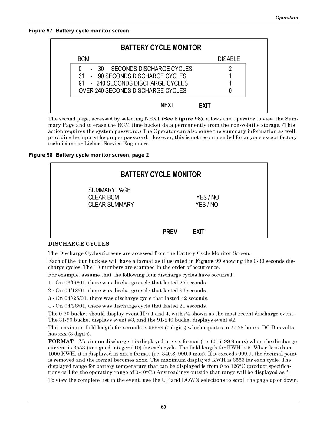 Liebert 30-130kVA manual Battery Cycle Monitor, Summary Clear BCM, Clear Summary YES / no 