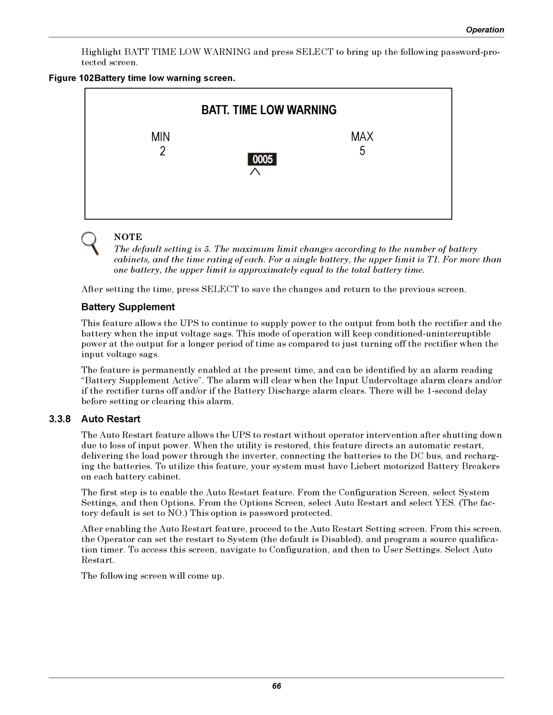 Liebert 30-130kVA manual BATT. Time LOW Warning, Battery Supplement, Auto Restart 