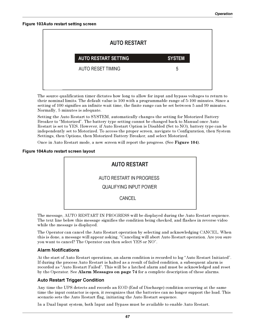 Liebert 30-130kVA manual Alarm Notifications, Auto Restart Trigger Condition 
