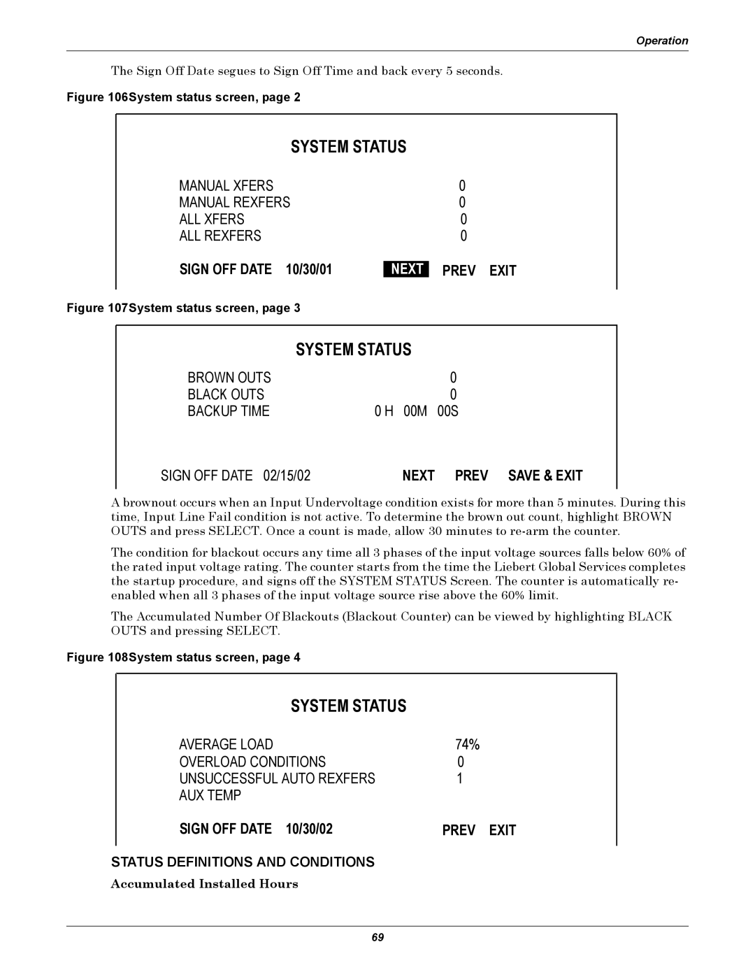 Liebert 30-130kVA manual System Status, Sign OFF Date 10/30/01, Next Prev Save & Exit, Sign OFF Date 10/30/02 