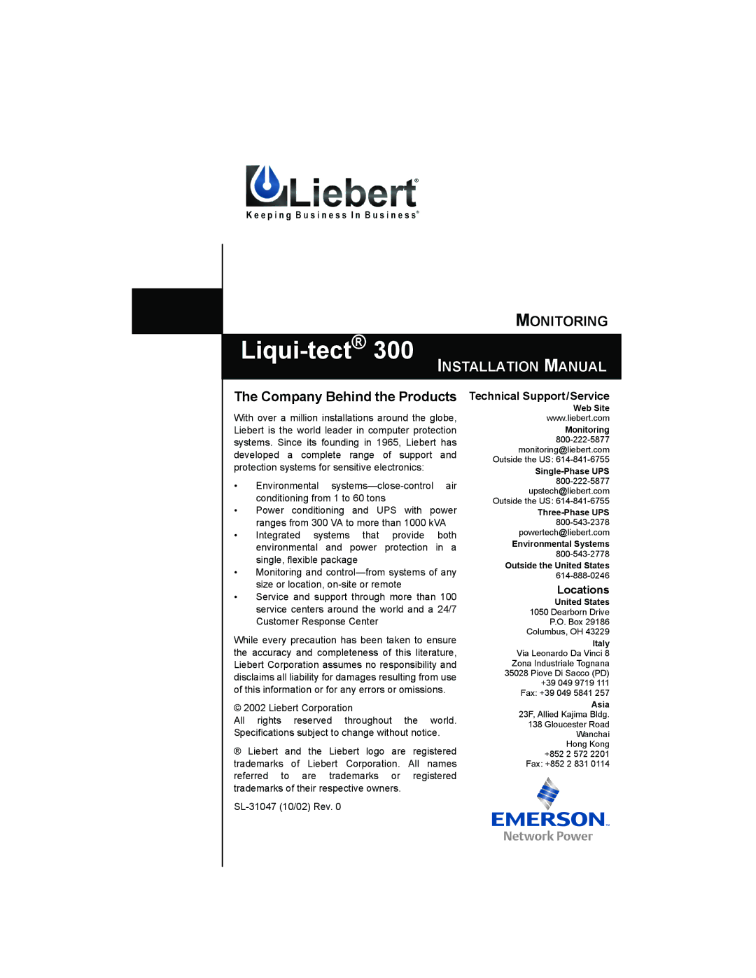 Liebert 300 installation manual Company Behind the Products 