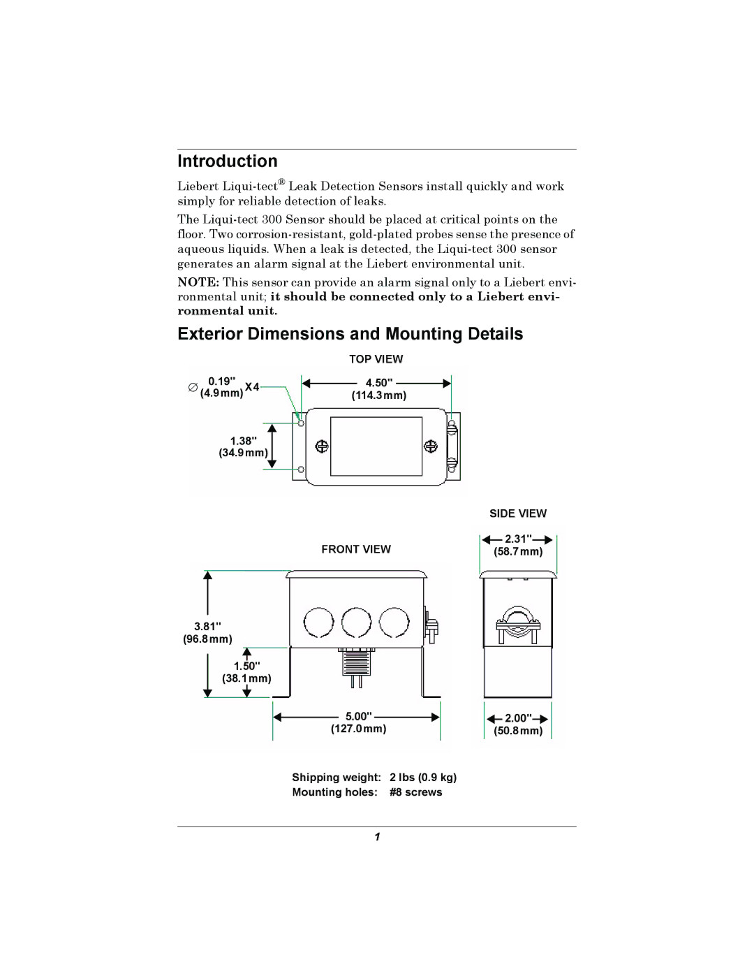 Liebert 300 installation manual Introduction, Exterior Dimensions and Mounting Details 