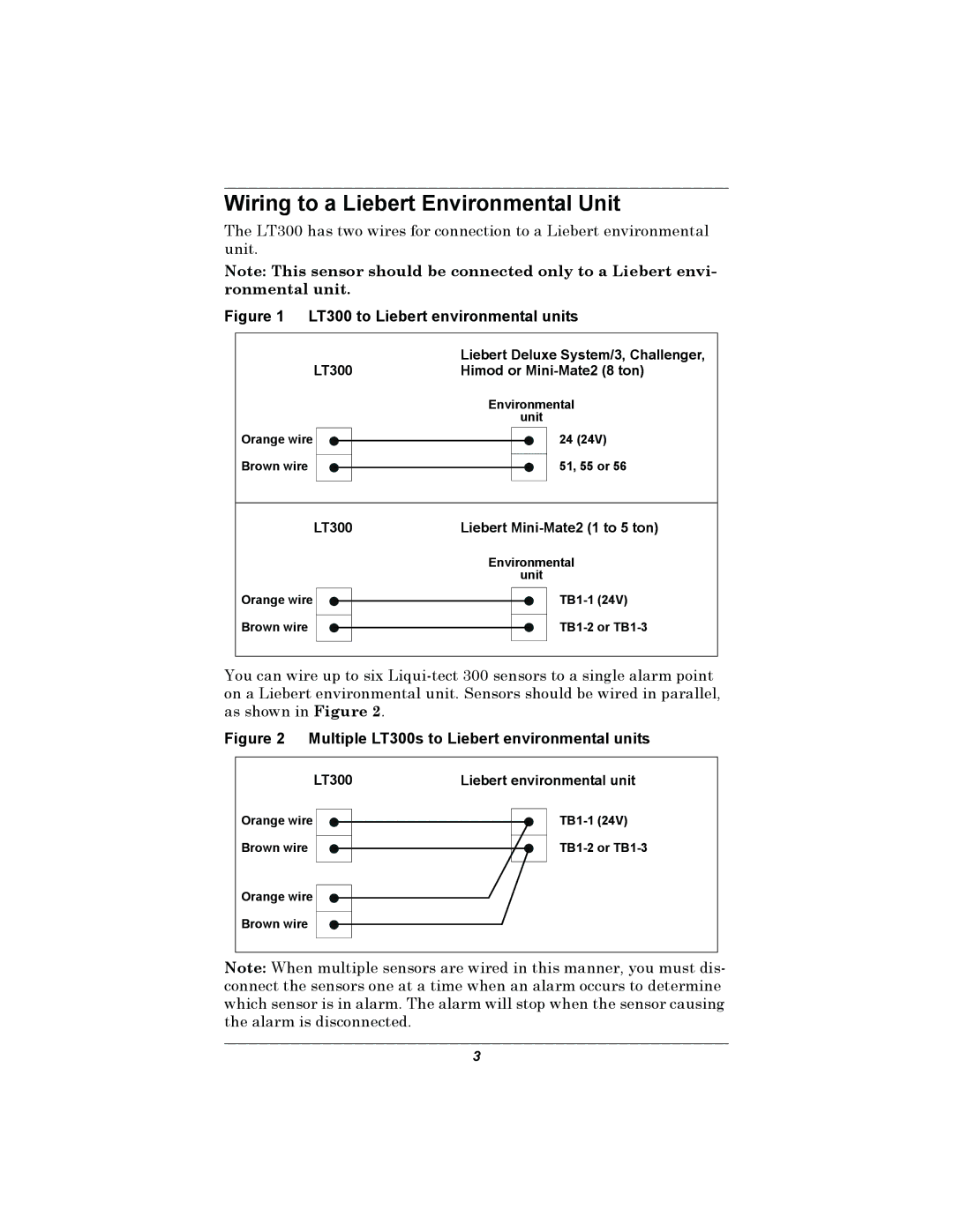 Liebert installation manual Wiring to a Liebert Environmental Unit, LT300 to Liebert environmental units 