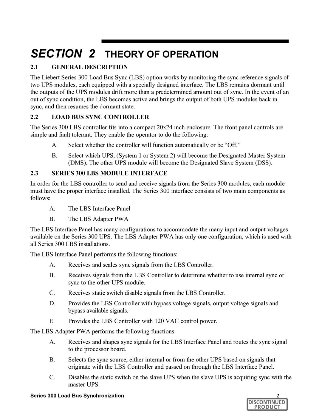 Liebert manual Theory of Operation, General Description, Load BUS Sync Controller, Series 300 LBS Module Interface 