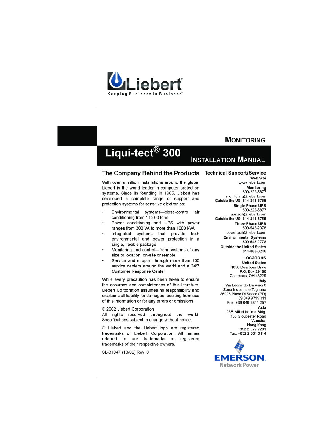 Liebert 300 Liqui-tect, Monitoring, Installation Manual, The Company Behind the Products, Technical Support/Service 