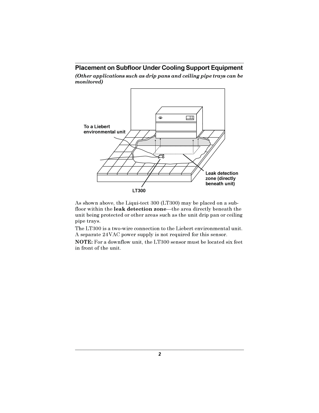 Liebert installation manual To a Liebert environmental unit, Leak detection zone directly beneath unit LT300 