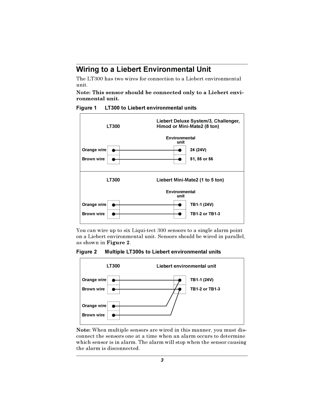 Liebert installation manual Wiring to a Liebert Environmental Unit, LT300 to Liebert environmental units 