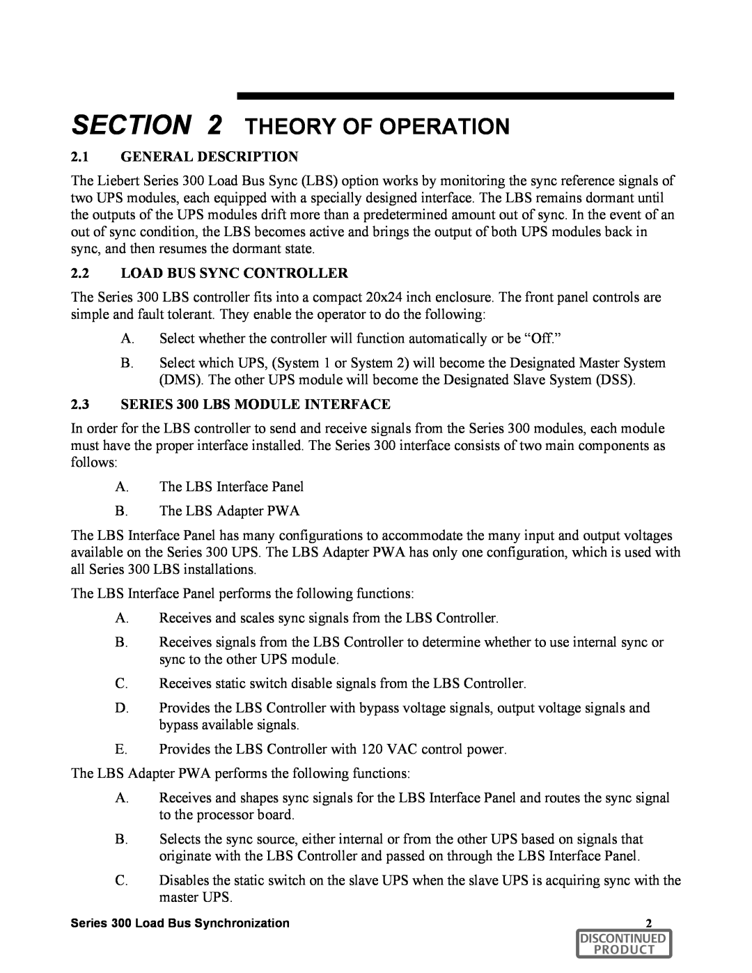 Liebert Theory Of Operation, 2.1GENERAL DESCRIPTION, 2.2LOAD BUS SYNC CONTROLLER, 2.3SERIES 300 LBS MODULE INTERFACE 